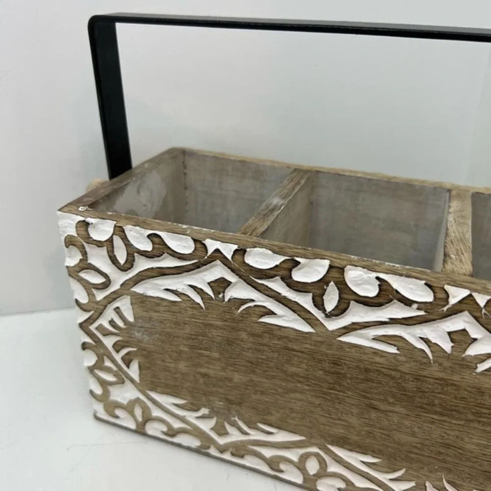 NWT Global Market farmhouse distressed white brown wood silverware caddy carved
